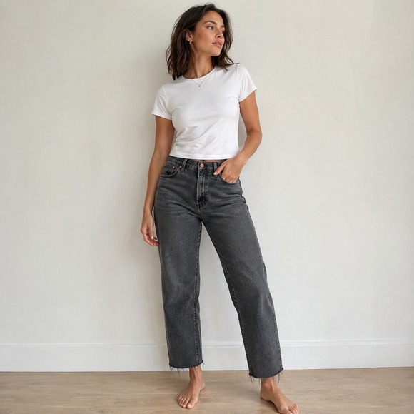 Madewell Denim - Madewell Womens 90s Straight Crop Jeans 31 Black Raw Hem High Rise DM6799 Grunge